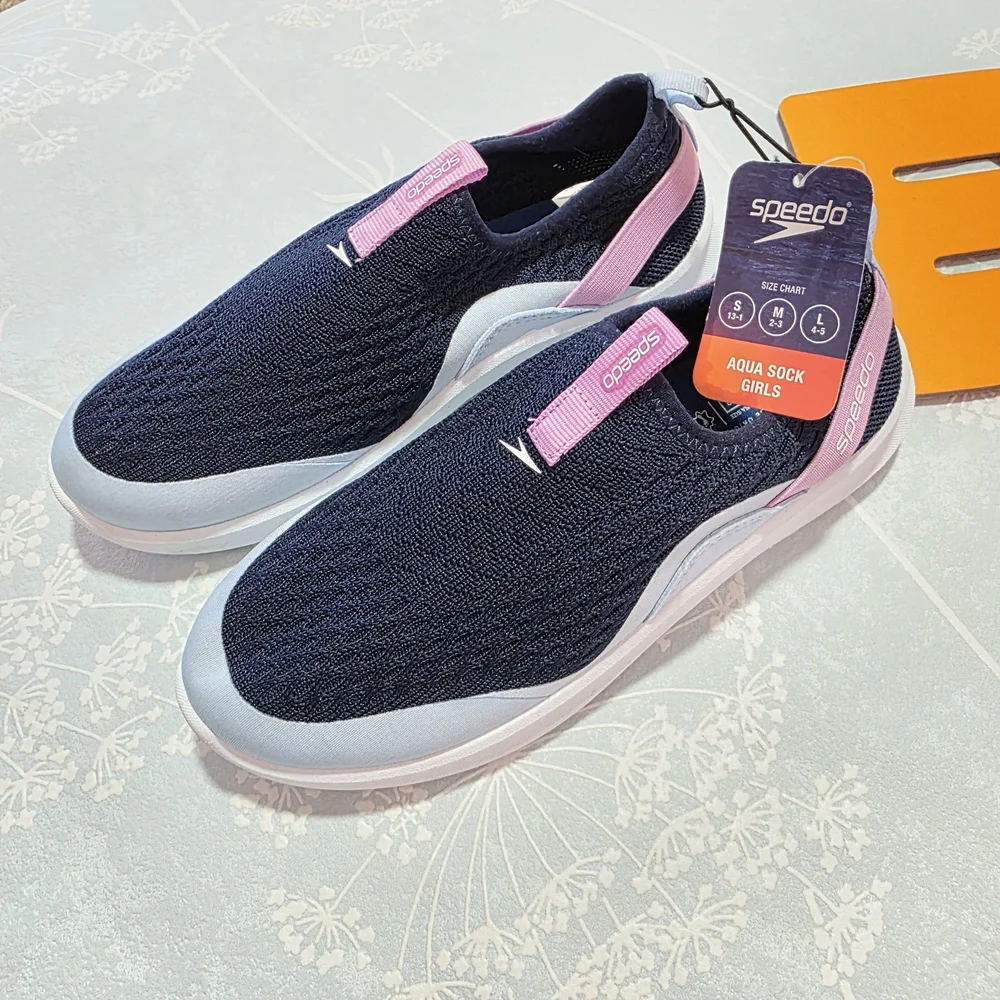 Speedo Girls' Aqua Sock in Navy and Pink, Size M (2-3).